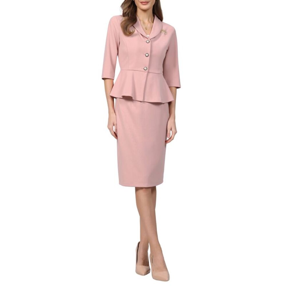 Women Trendy Work 2 Piece Suit Set with Brooch Pin Skirt Pink